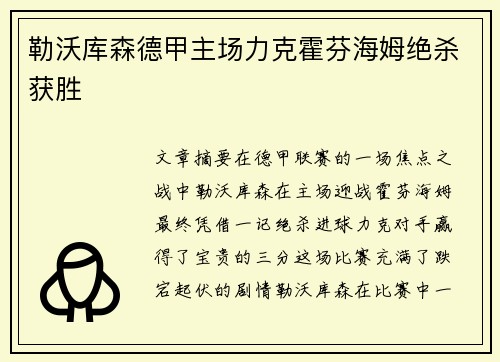 勒沃库森德甲主场力克霍芬海姆绝杀获胜